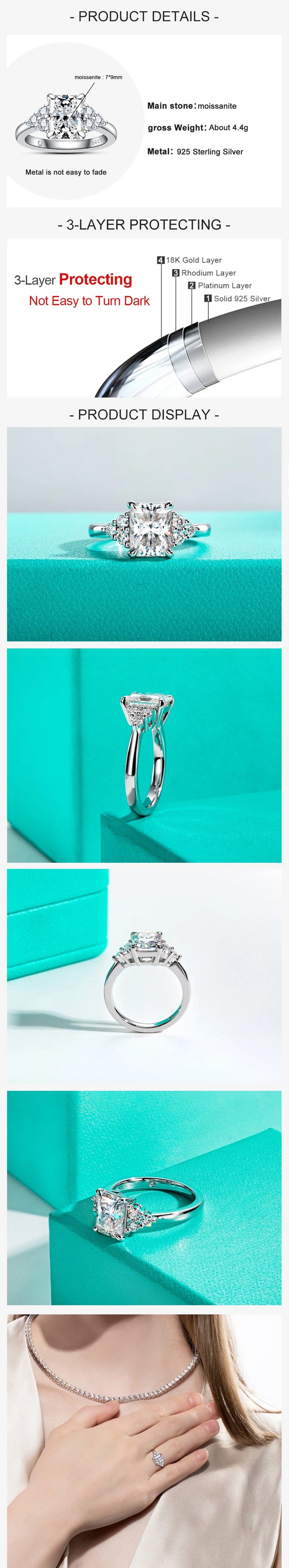 GK Moissanites 3ct Radiant Cut D Color Moissanite Engagement Ring