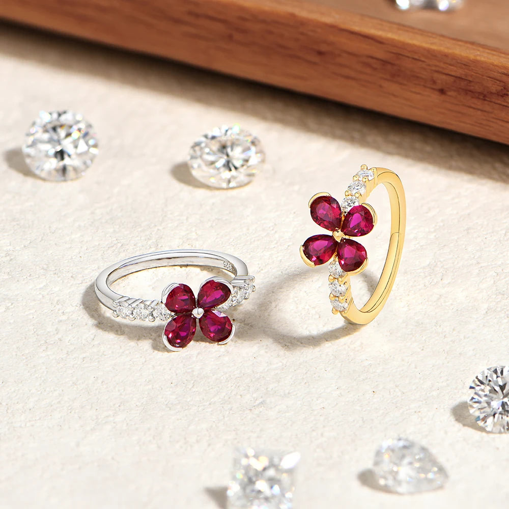 Teardrop Ruby Flower Moissanite Engagement Ring