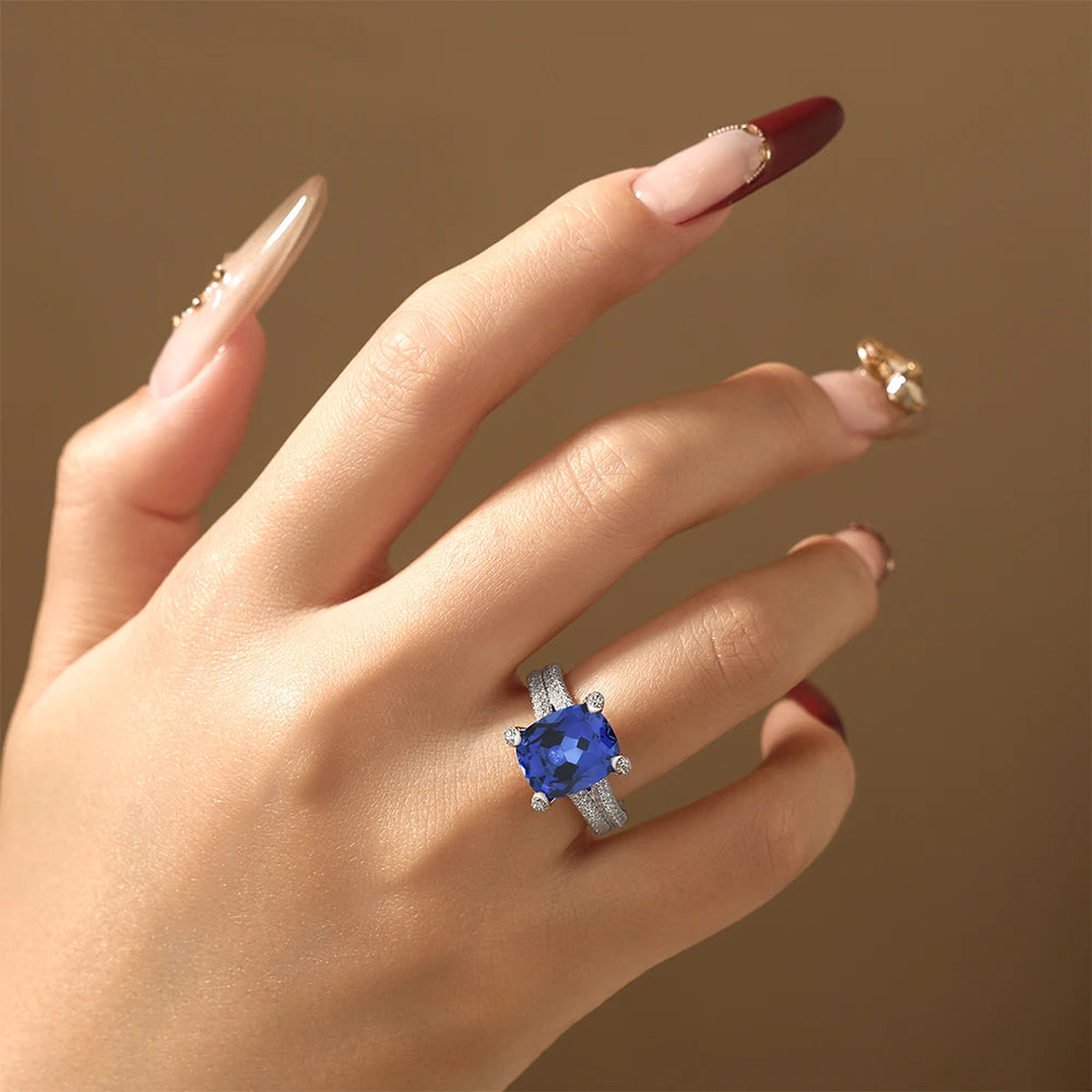 Cushion Cut Ruby & Sapphire Double Row Moissanite Ring