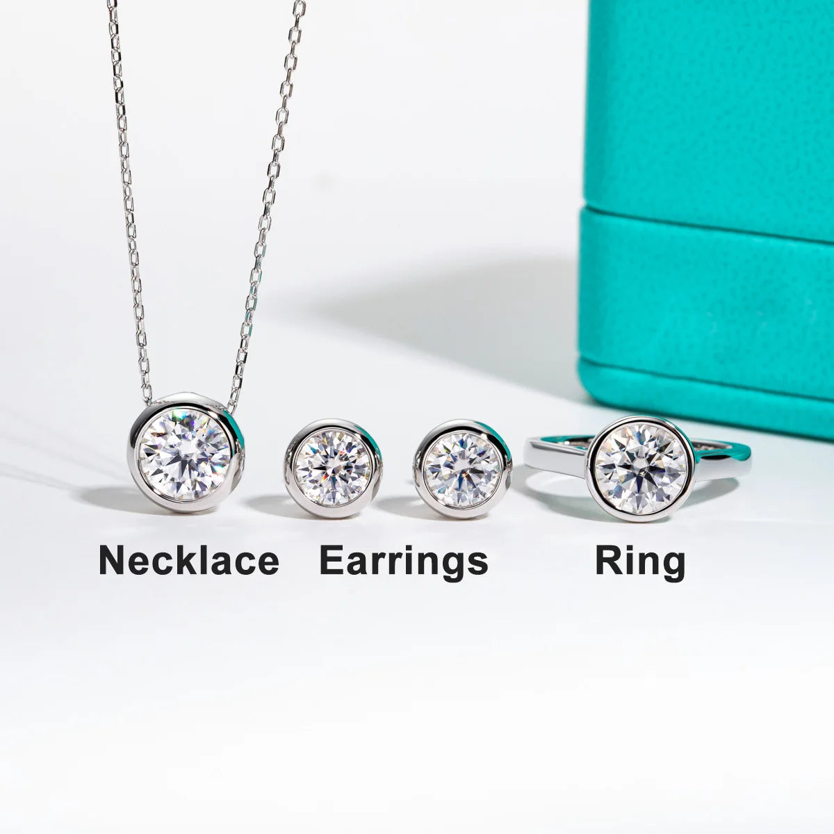 D Color Moissanite Bezel Stud Earrings & Pendant Necklace Jewelry Set.