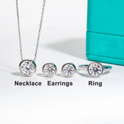 D Color Moissanite Bezel Stud Earrings & Pendant Necklace Jewelry Set.