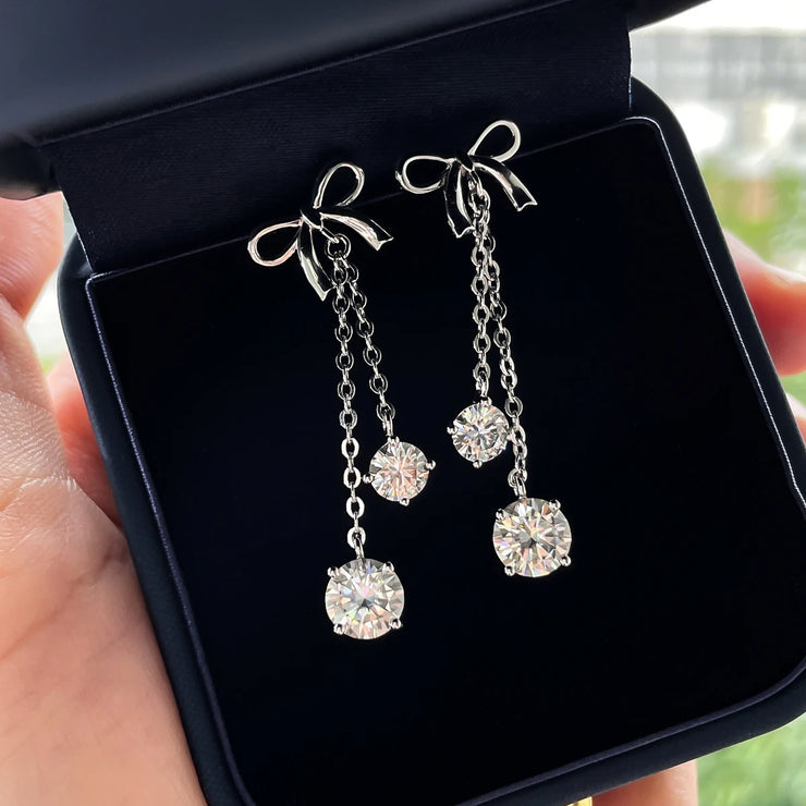 3cttw D Color Moissanite Diamond Bow Drop Earrings - 925 Sterling Silver Charm Jewelry.