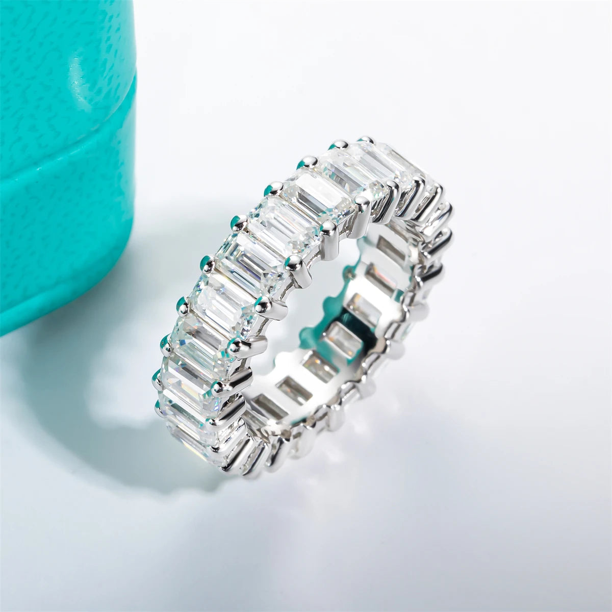 8.1 CTTW Emerald Cut Moissanite Eternity Ring