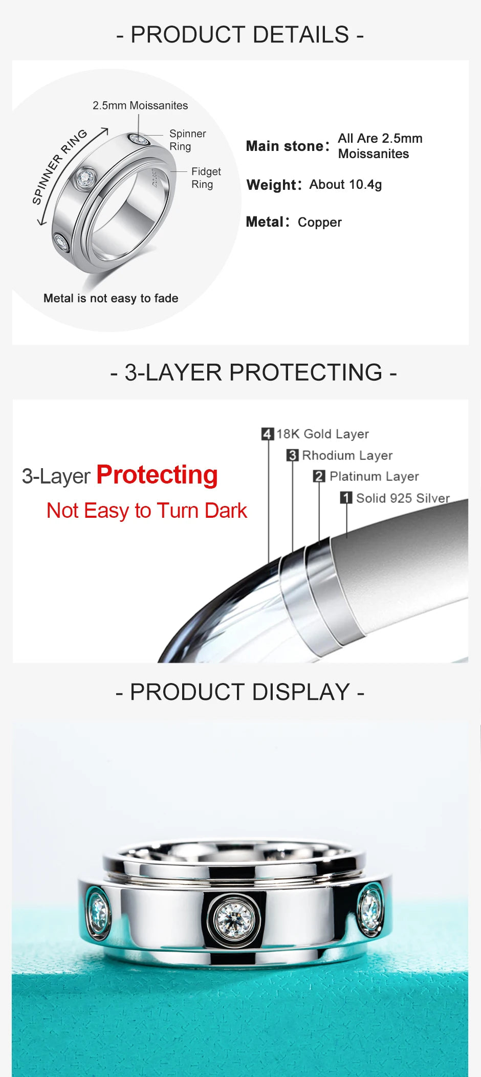 2.5MM VVS1 Moissanite Mens  Spinner Wedding Band