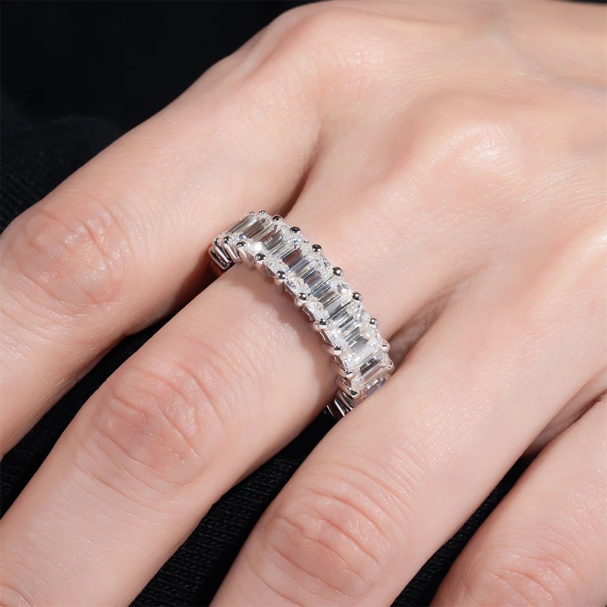 8.1 CTTW Emerald Cut Moissanite Eternity Ring