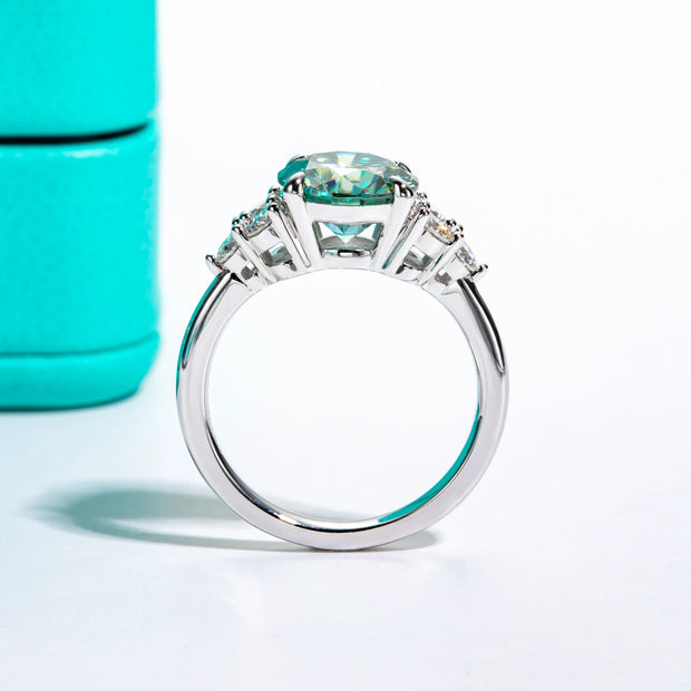 GK Moissanites 3ct Round Cut Blue Green Color Moissanite Engagement Ring