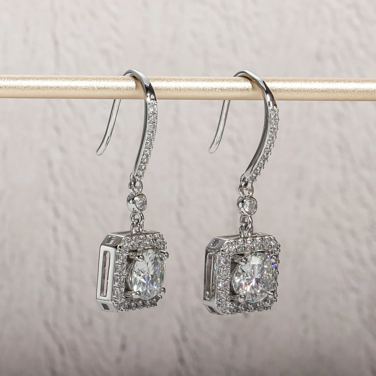 1 Carat Cushion Cut Moissanite Drop Earrings.