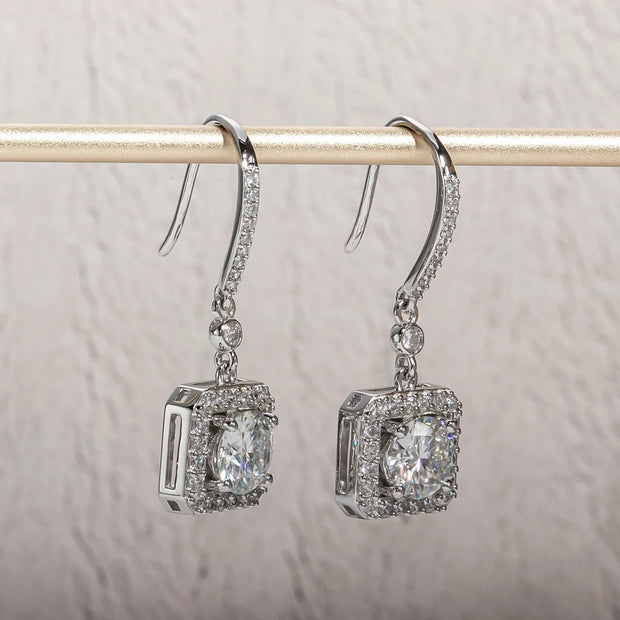 1 Carat Cushion Cut Moissanite Drop Earrings.