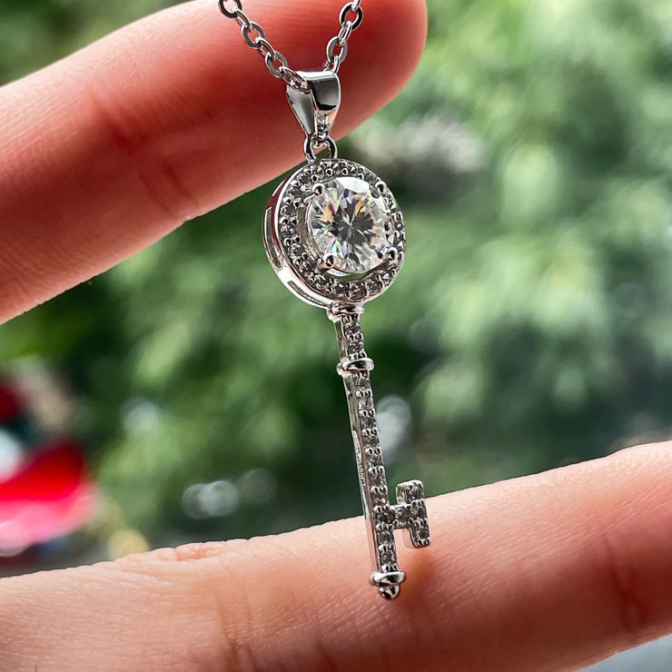 1ct D Color Moissanite Key Pendant Necklace.