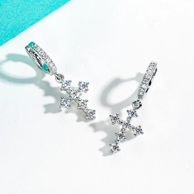 Moissanite Cross Hoop Earrings for Women.