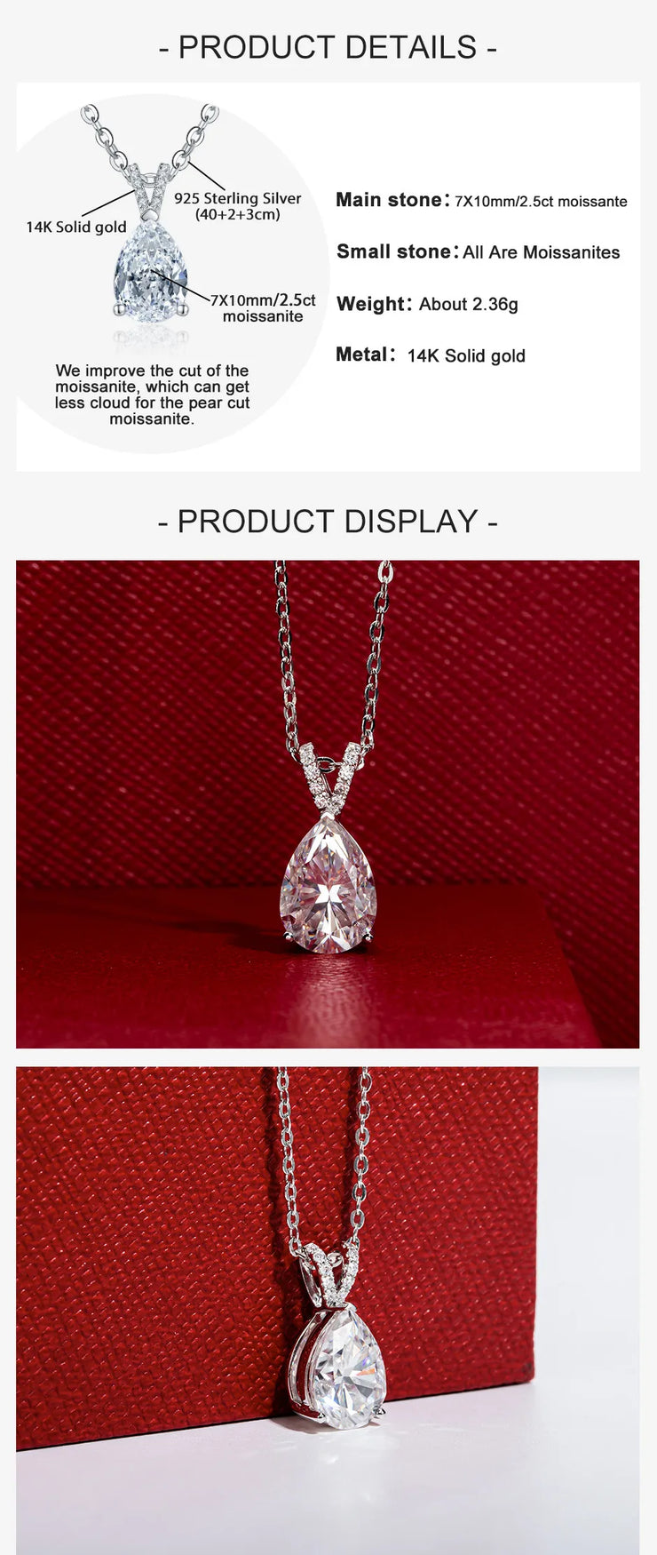 14K White Gold 2 Carat Pear Teardrop Cut D Color Moissanite Diamond Necklace.