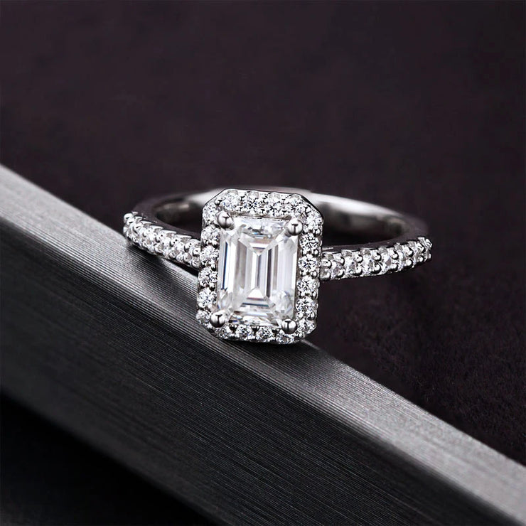 1 Carat Emerald Cut Moissanite Halo Engagement Wedding Ring.