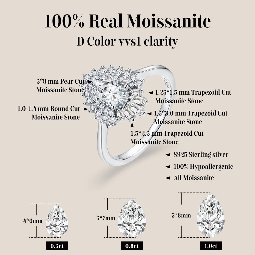 1 CT Pear Cut Moissanite Double Halo Engagement Ring