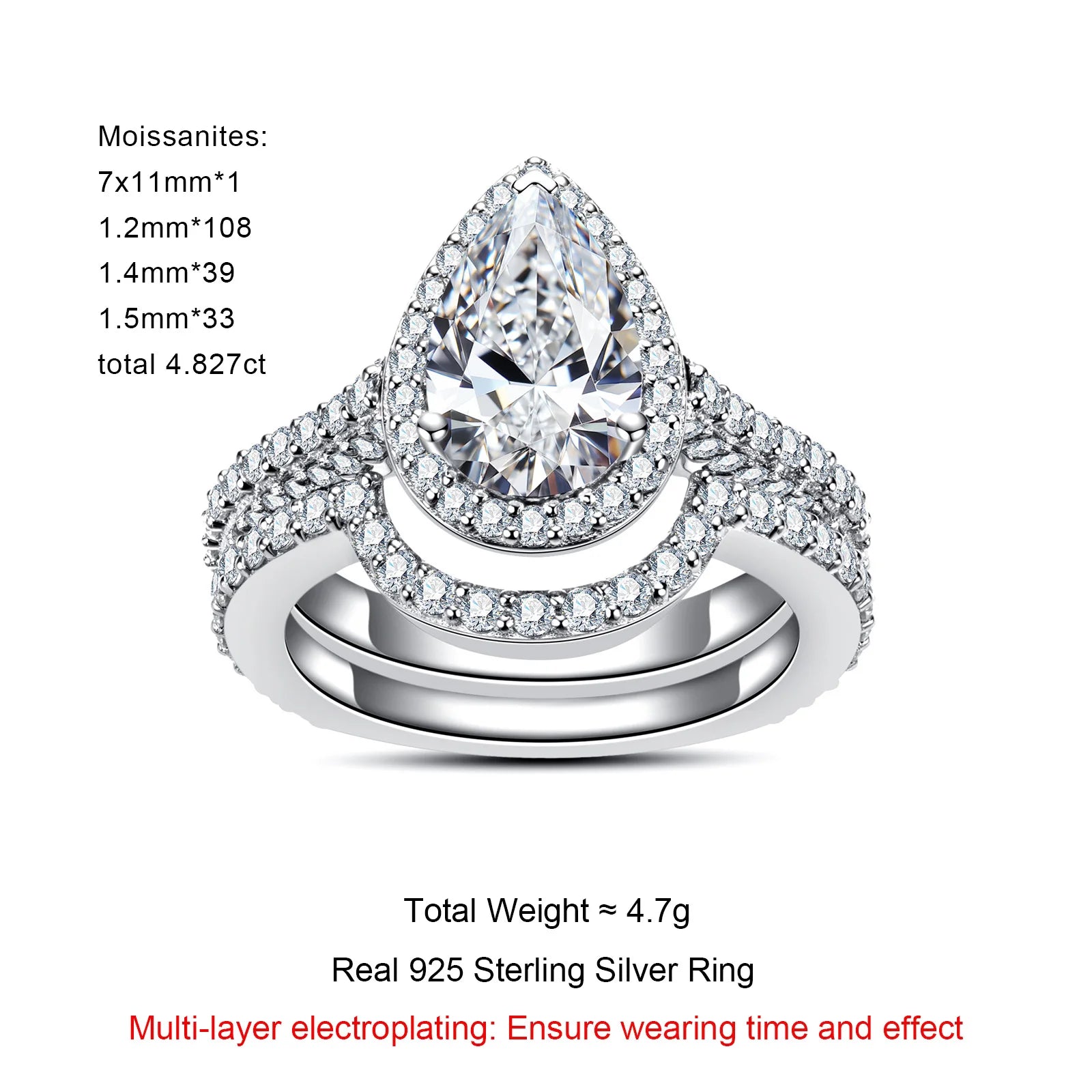 4.8 CTTW Pear Cut Moissanite Halo Bridal Ring