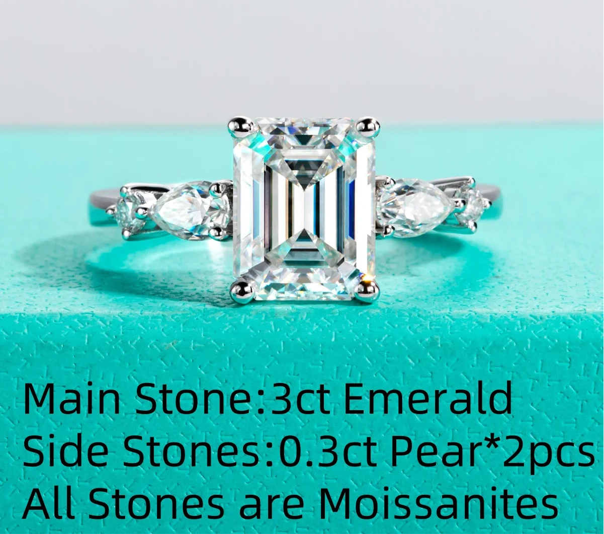 3CT Emerald Cut & 0.3CT Pear Cut Moissanite Engagement