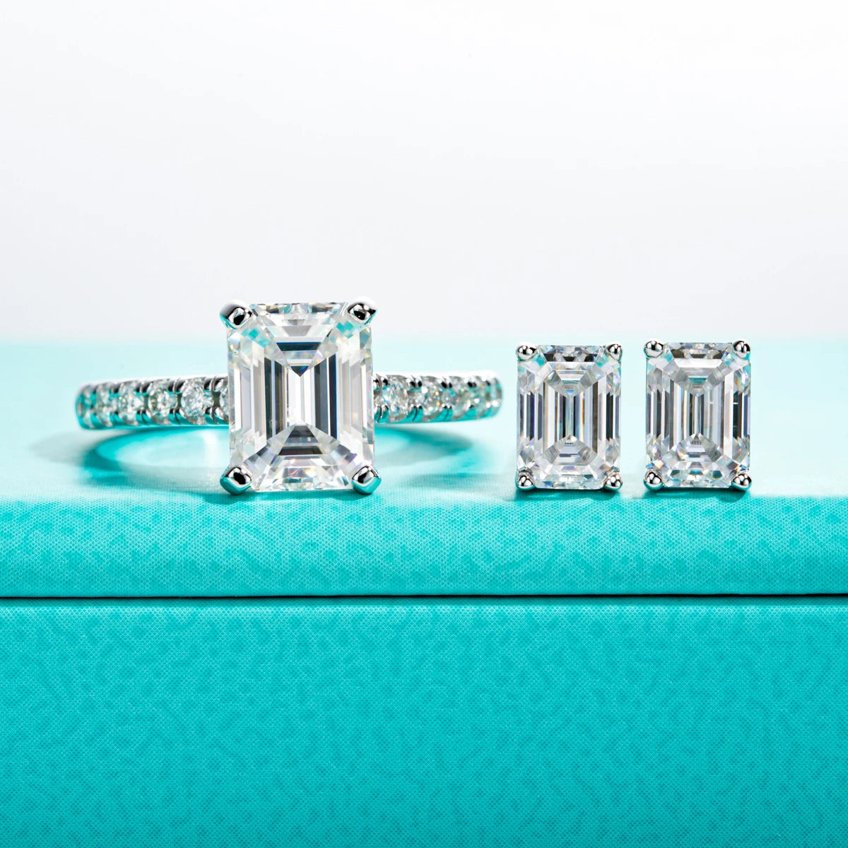 3CT Emerald Cut Moissanite Ring & 1CT Emerald Stud Earrings Set