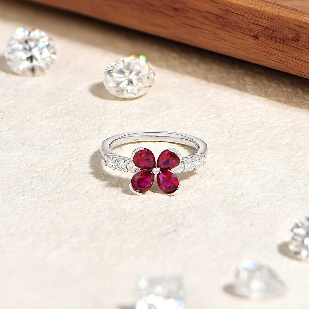 Teardrop Ruby Flower Moissanite Engagement Ring