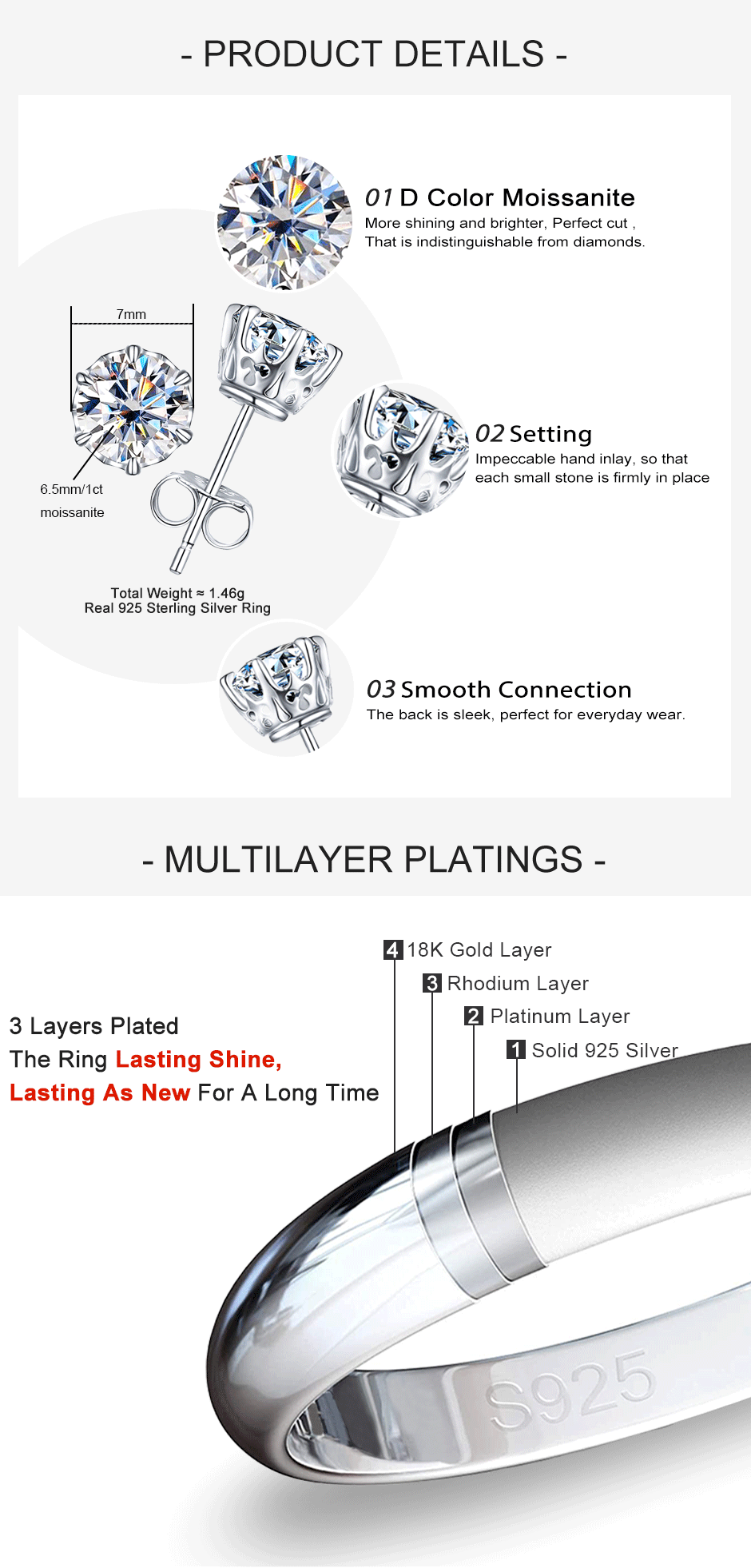 1-2cttw D Color Moissanite Stud Earrings.