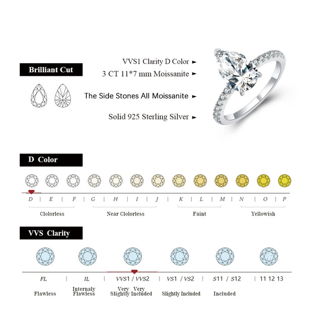 New D Color Moissanite Ring Pear Cut 3.0ct 925 Sterling Silver