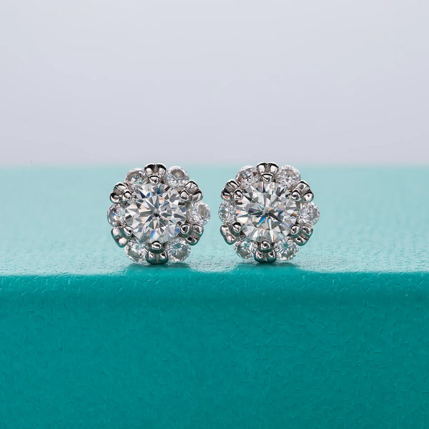 1cttw D Color Moissanite Diamond Flower Stud Earrings.