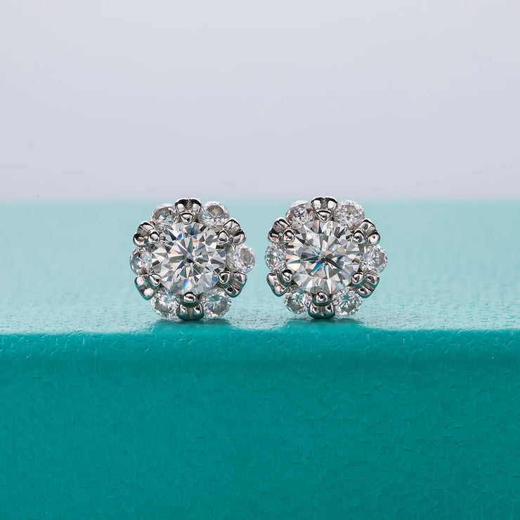 1cttw D Color Moissanite Diamond Flower Stud Earrings.