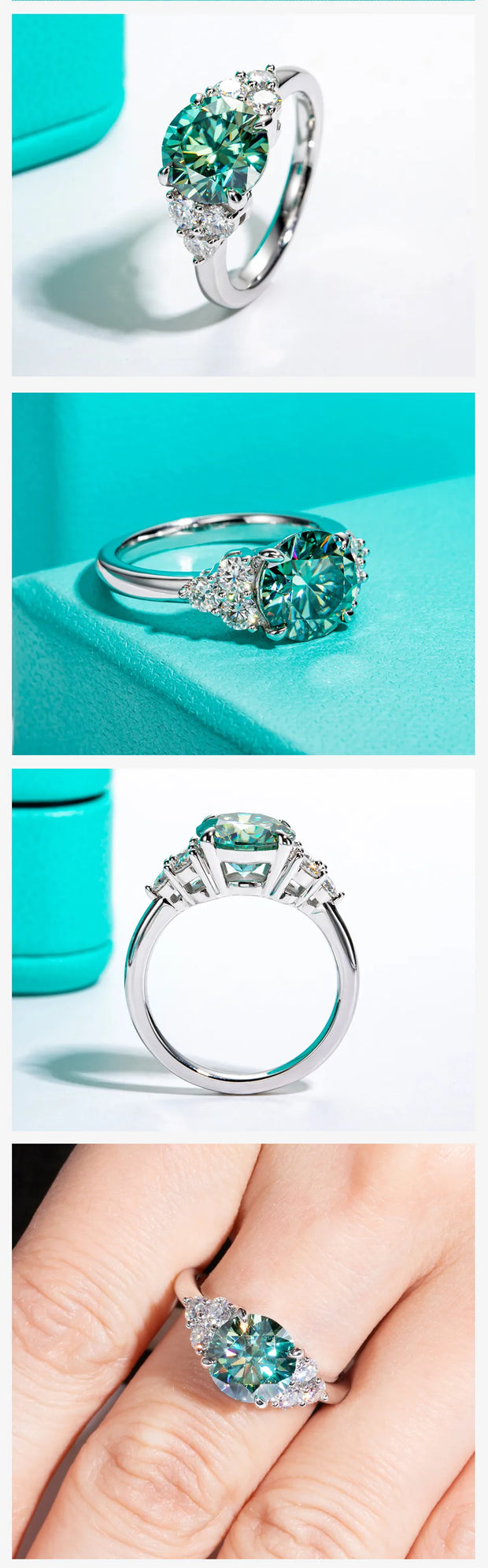GK Moissanites 3ct Round Cut Blue Green Color Moissanite Engagement Ring