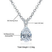 14K White Gold 2 Carat Pear Teardrop Cut D Color Moissanite Diamond Necklace.