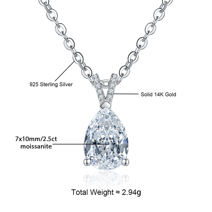 14K White Gold 2 Carat Pear Teardrop Cut D Color Moissanite Diamond Necklace.