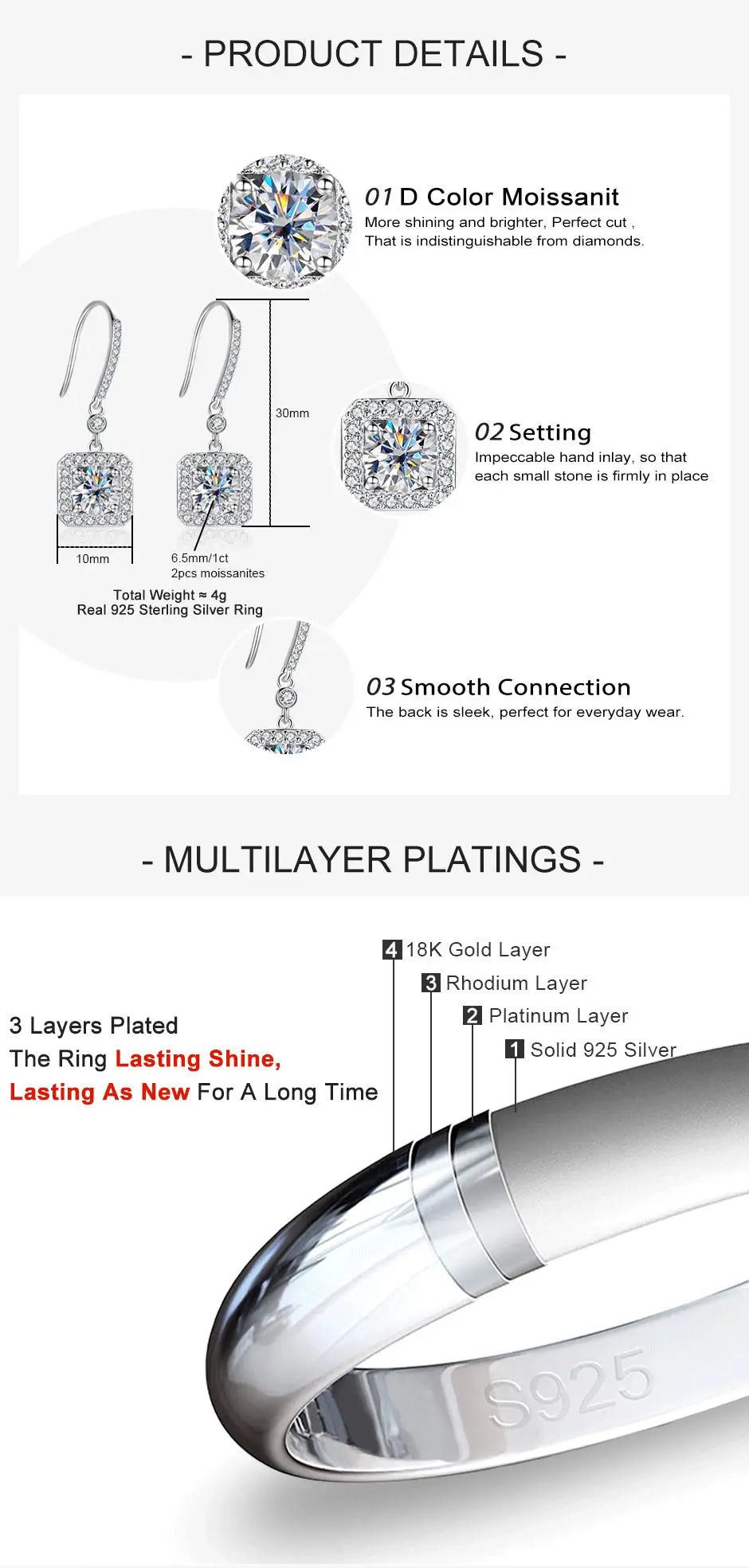 1 Carat Cushion Cut Moissanite Drop Earrings.