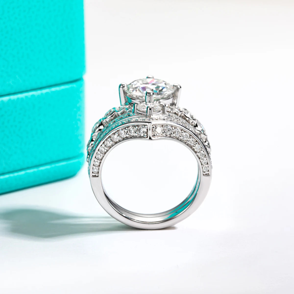 3CT Round Cut Crown Moissanite Engagement Ring Set