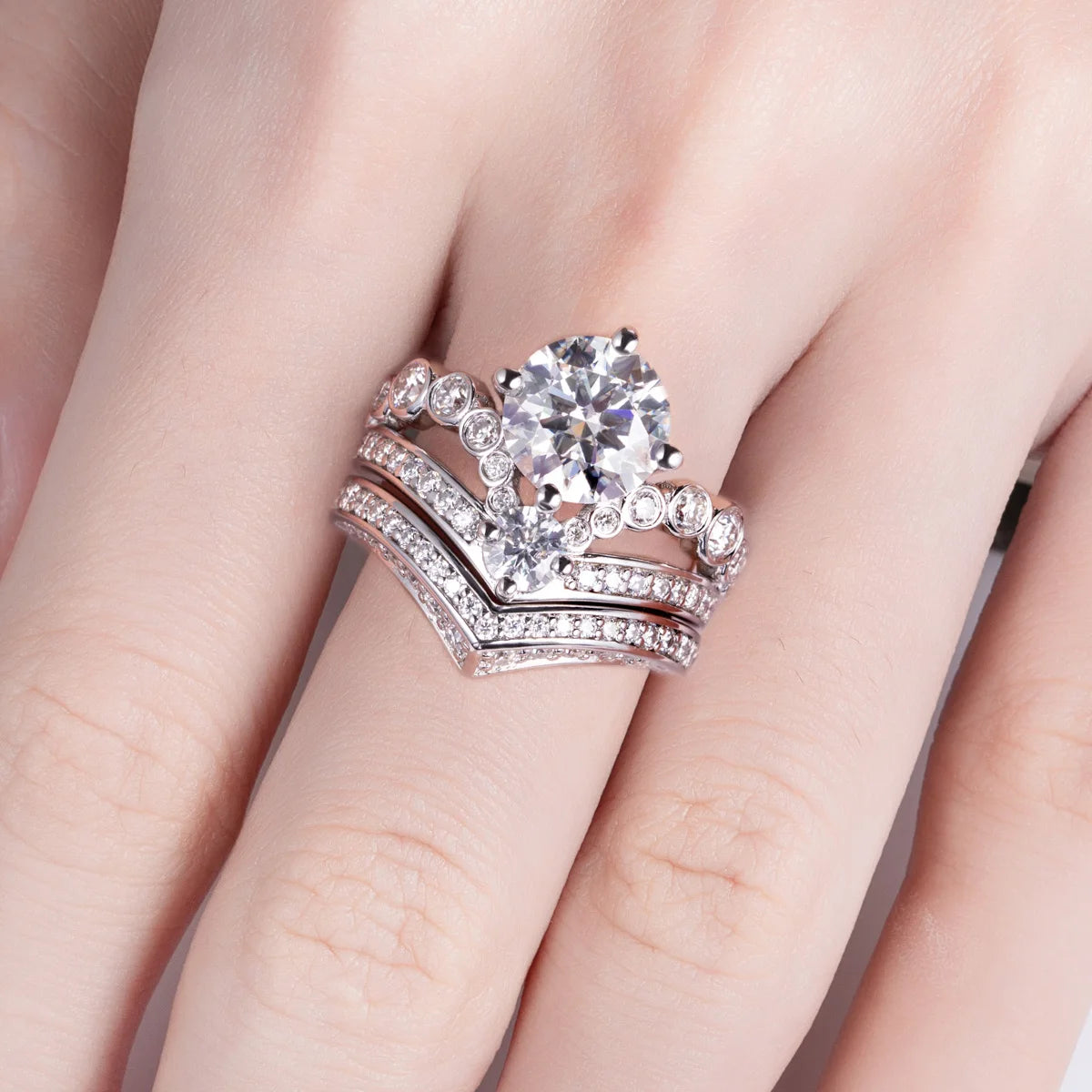 3CT Round Cut Crown Moissanite Engagement Ring Set