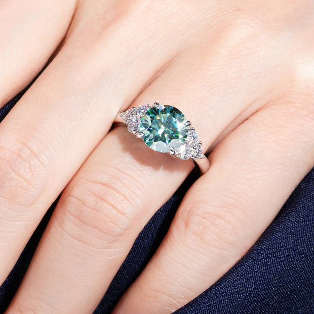 GK Moissanites 3ct Round Cut Blue Green Color Moissanite Engagement Ring