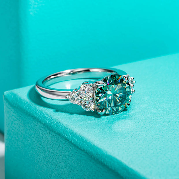GK Moissanites 3ct Round Cut Blue Green Color Moissanite Engagement Ring