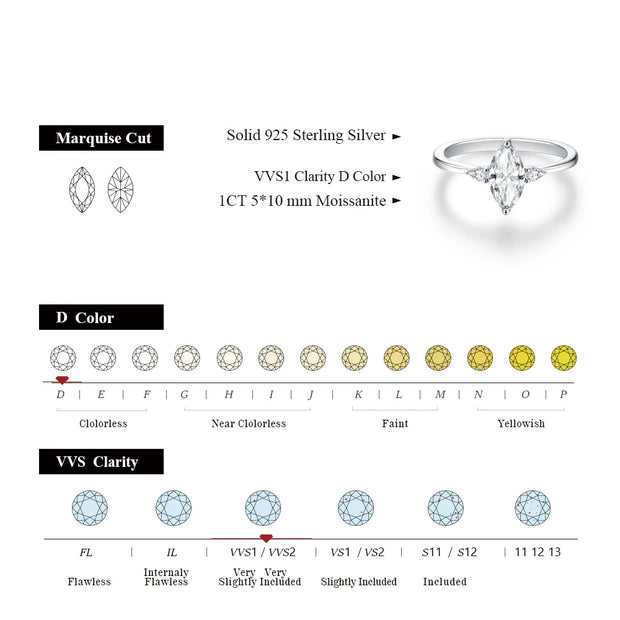 Marquise 1CT Moissanite Ring Real 925 Sterling Silver