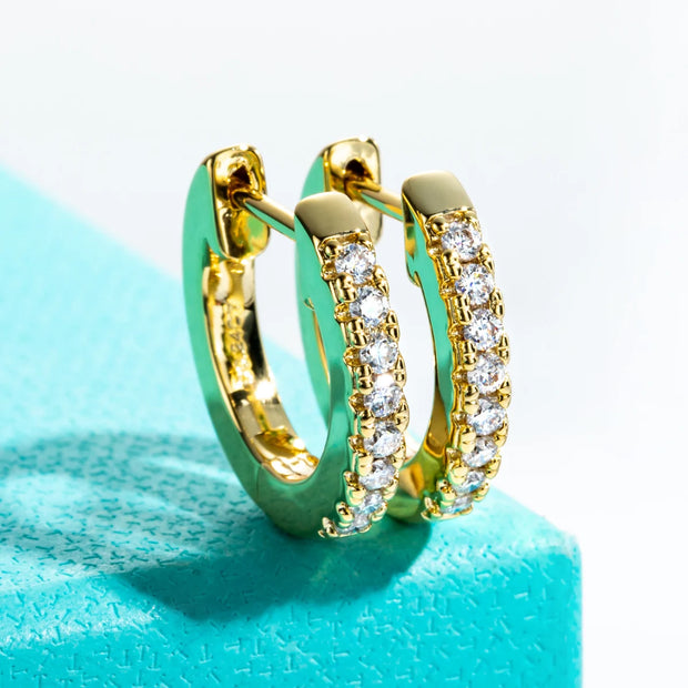 1.5mm D Color Moissanite Huggie Hoop Earrings  - Yellow Gold Plated Huggie Earrings for Women.