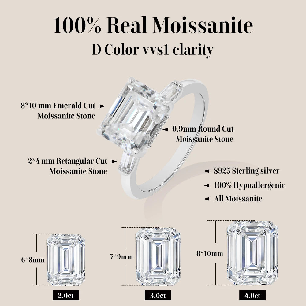 4CT Emerald Cut Moissanite Engagement Ring