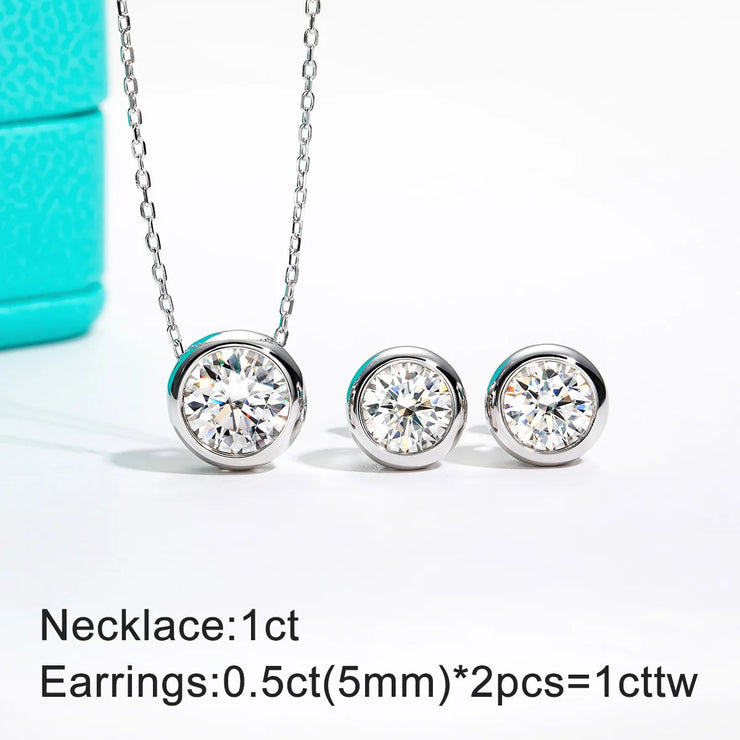 D Color Moissanite Bezel Stud Earrings & Pendant Necklace Jewelry Set.