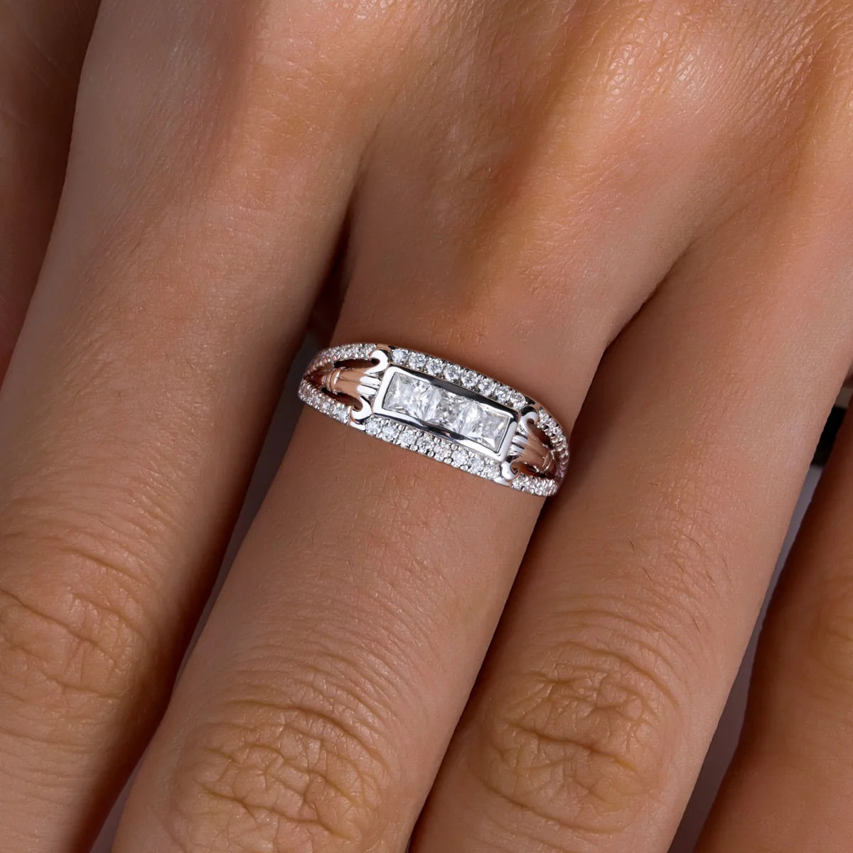 3 MM Princess Cut  Moissanite Roman Ring