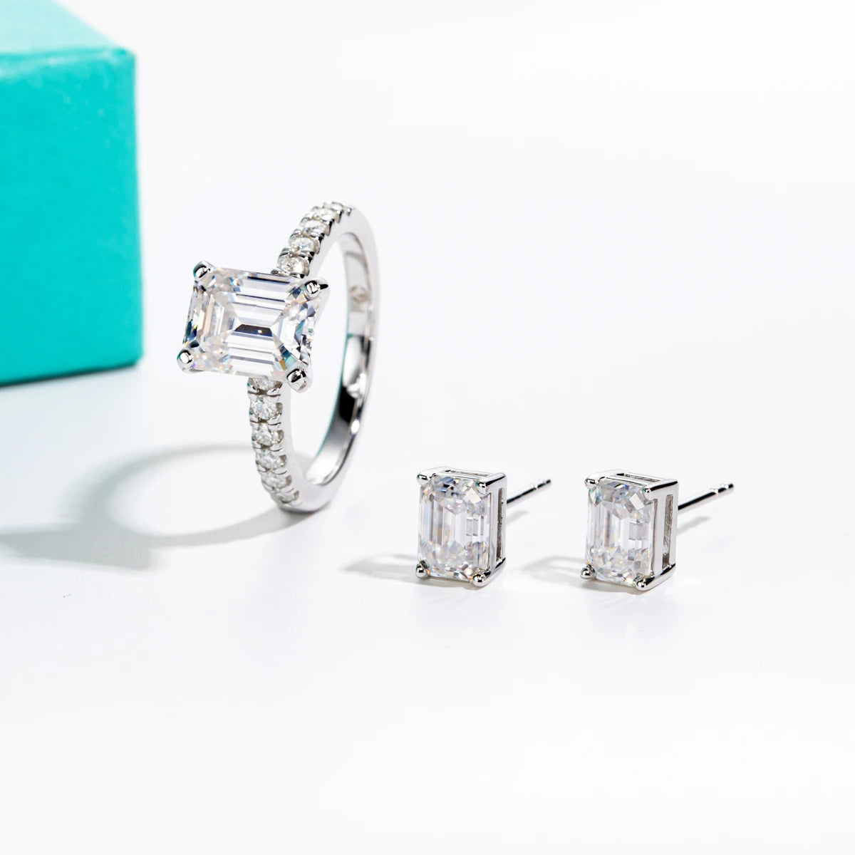 3CT Emerald Cut Moissanite Ring & 1CT Emerald Stud Earrings Set