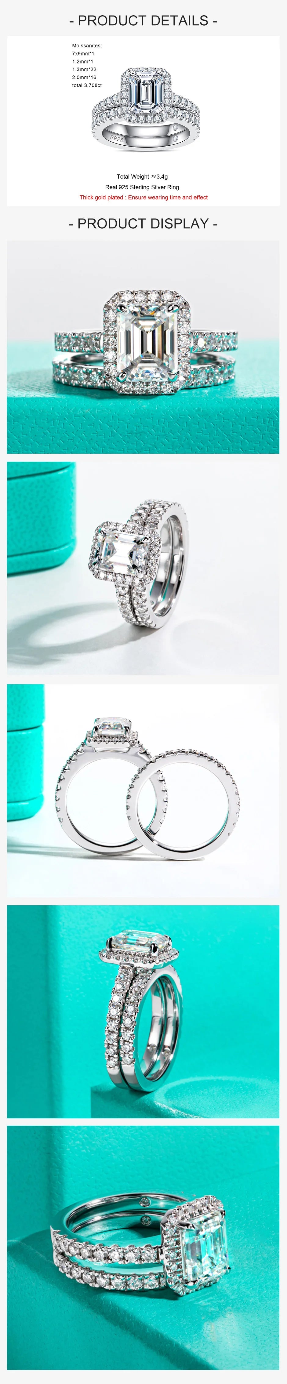 3CT Emerald Cut Moissanite Halo Bridal Ring Set