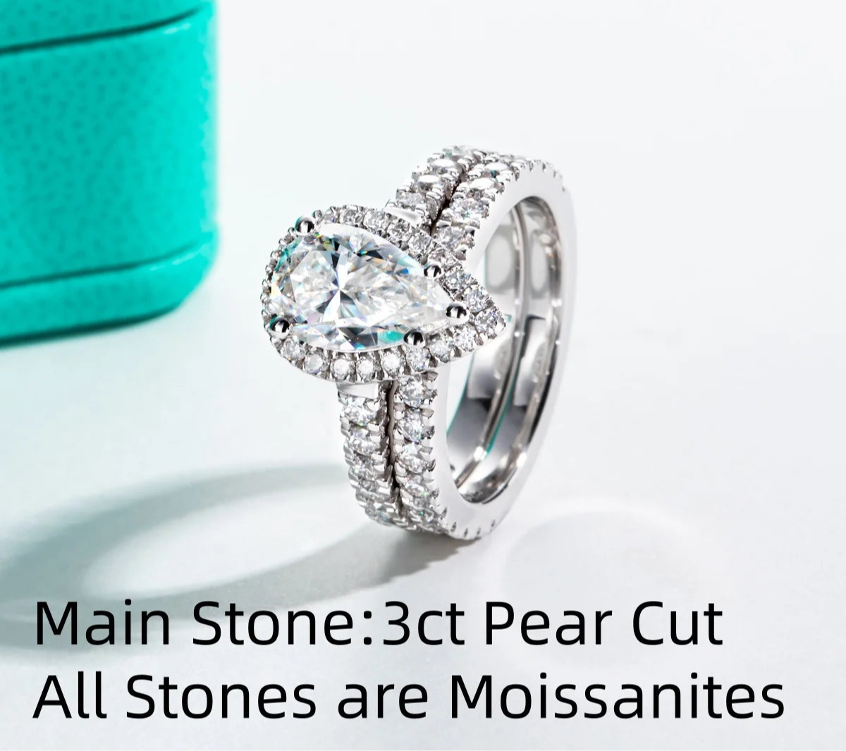 3CT Pear Cut Halo Moissanite Bridal Ring Set