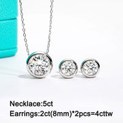 D Color Moissanite Bezel Stud Earrings & Pendant Necklace Jewelry Set.