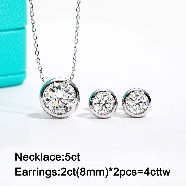 D Color Moissanite Bezel Stud Earrings & Pendant Necklace Jewelry Set.