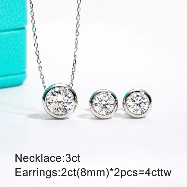 D Color Moissanite Bezel Stud Earrings & Pendant Necklace Jewelry Set.