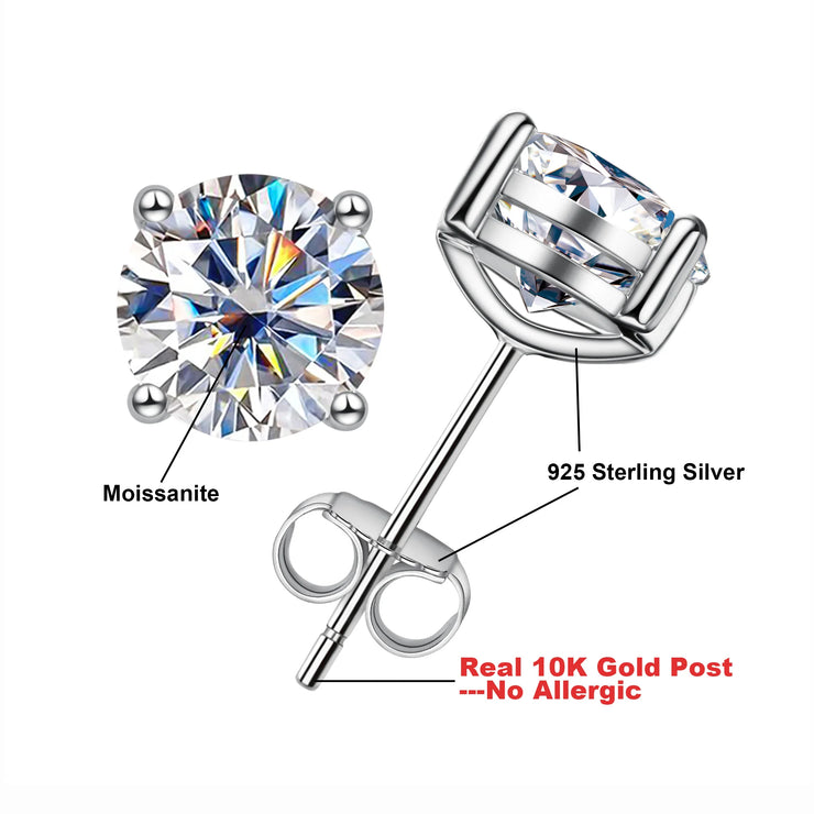 10K Gold Moissanite Stud Earrings – 4/3/2/1.6/1/0.6ct.