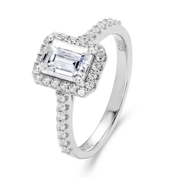 1 Carat Emerald Cut Moissanite Halo Engagement Wedding Ring.