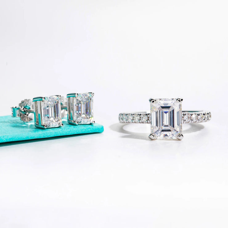 3CT Emerald Cut Moissanite Ring & 1CT Emerald Stud Earrings Set