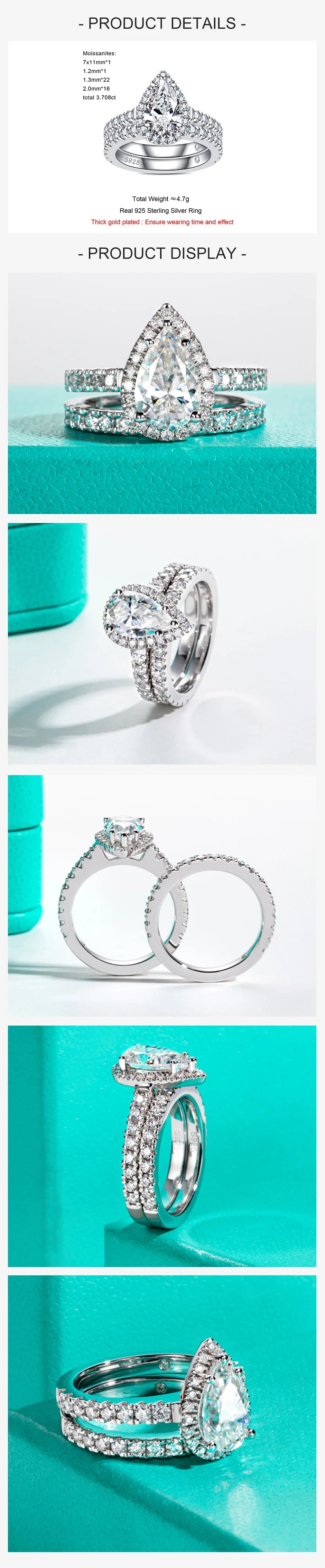 3CT Pear Cut Halo Moissanite Bridal Ring Set