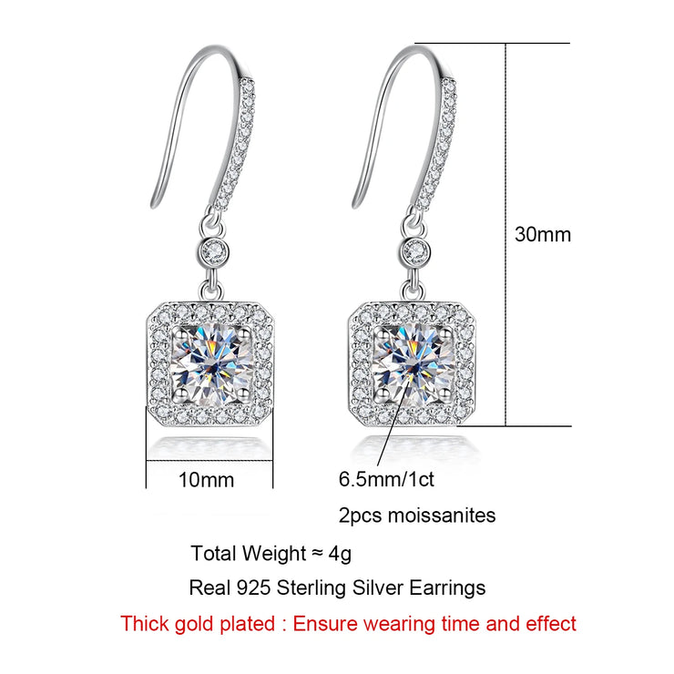 1 Carat Cushion Cut Moissanite Drop Earrings.