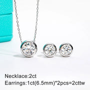 D Color Moissanite Bezel Stud Earrings & Pendant Necklace Jewelry Set.